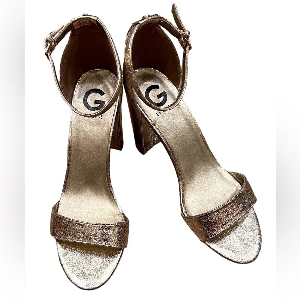 G by Guess Champagne Gold Shantel 3 Heel Strap Sandals, Size 10